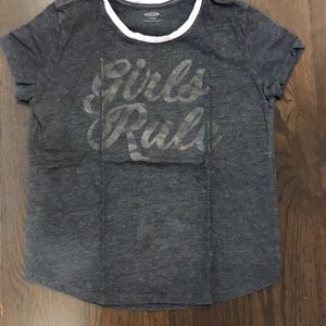 gray/black shirt with laminate saying “girls rule”